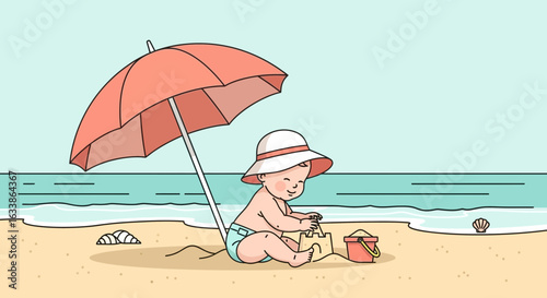 Adorable Baby Enjoying Beach Day Playing With Sand Under Umbrella Cartoon