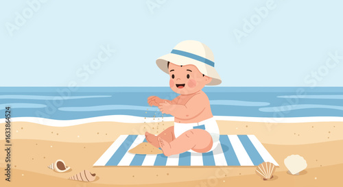 Adorable Baby Playing With Sand at Beach, Wearing Hat and Diaper