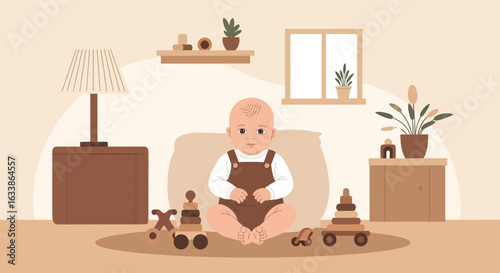 Adorable Baby Sits Surrounded By Wooden Toys In A Cosy And Minimalist Room