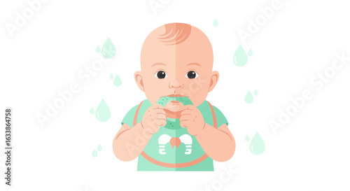 Adorable Infant Engaged In Teething Process With Colorful Toy With White Background