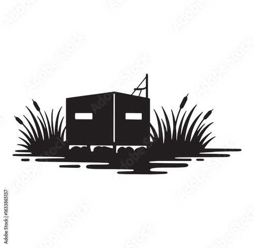 Silhouette illustration of a hunting blind surrounded by cattails and grassland on white background