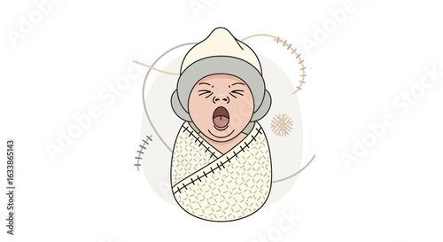 Adorable Newborn Yawning In Swaddling Blanket With Decorative Elements