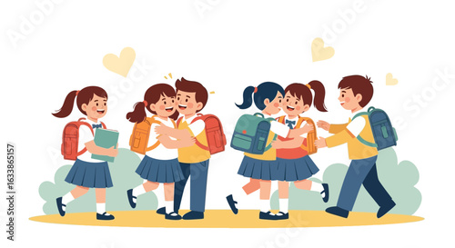 Adorable School Kids Embracing Each Other Back To School Friendship Concept