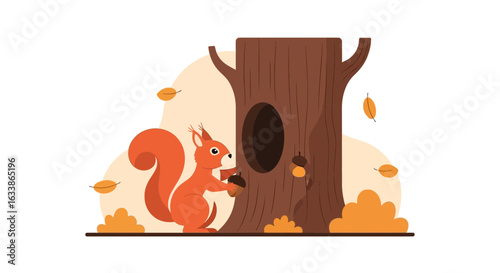 Adorable Squirrel With Acorn Preparing For Winter At The Hollow Tree