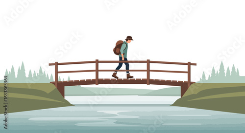 Adventure Awaits As Traveler Crosses Serene Waters On Natural Wood Bridge