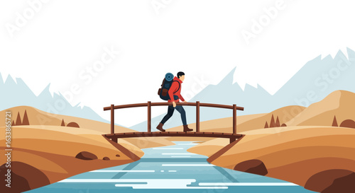 Adventurer Exploring Nature Walking On Bridge Over River In Peaceful Landscape