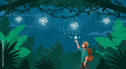 Adventurer Reaching For A Star In Tropical Forest With Celestial Light