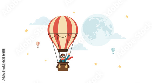 Adventurous Aviator In A Balloon Ascending Towards The Moonlit Sky
