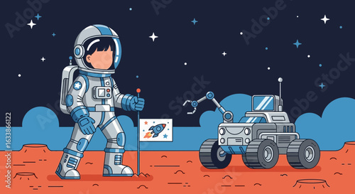 Adventurous Astronaut Exploring The Mars Surface Next To A Rover Vehicle
