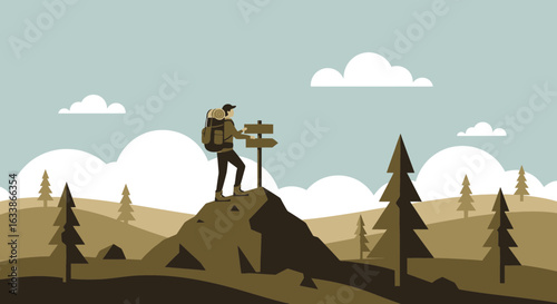 Adventurous Hiker Finds Direction On Mountain Top, Scenic Landscape With Forest