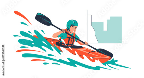 Adventurous Kayaker Navigating Thrilling Rapids with Protective Gear Enjoying Outdoors