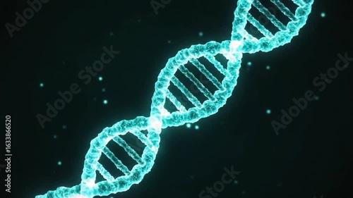 A teal glowing DNA double helix against a dark background.  Small, bright specks are scattered throughout