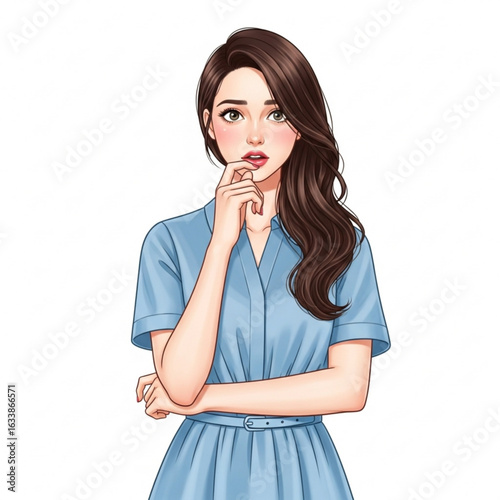 Vector art of beautiful young woman in dress thinking isolated on white background