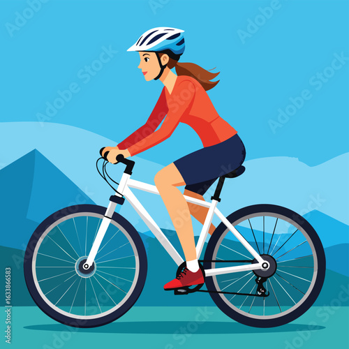 A woman in a helmet rides a bicycle through a mountainous landscape.