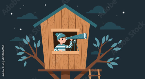 Adventurous Young Boy Exploring The Night Sky From A Wooden Treehouse