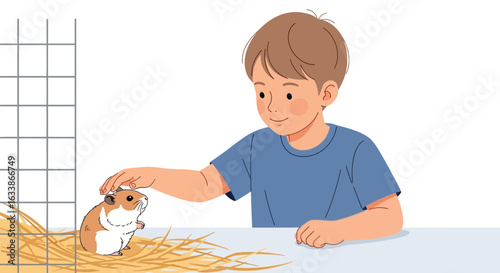 Affectionate Moment Boy Gently Strokes His Pet Hamster In Its Cage