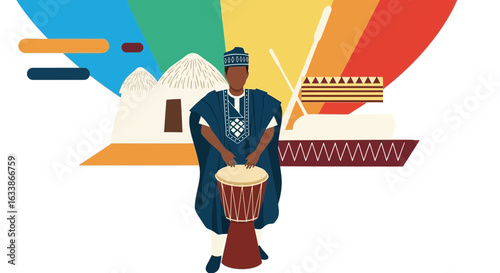 African Celebration Man Playing Drum With Tribal Culture Illustration