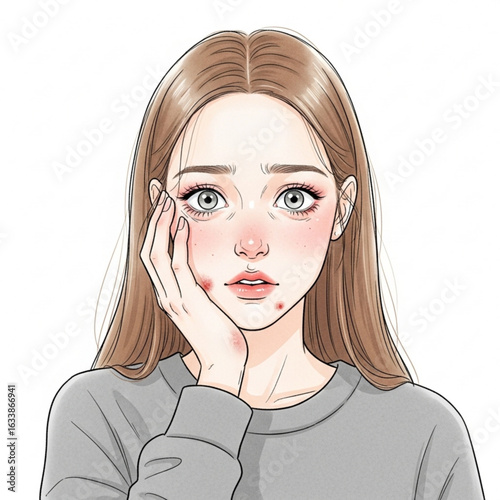 Vector art of young woman with acne problem touching her face isolated on white background