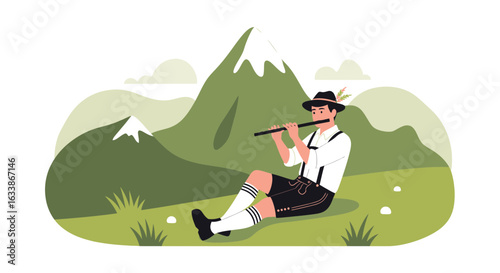 Alpine Serenade: Musician Enjoying Scenic Mountain Landscape with Flute Melody
