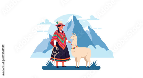 Andean Woman And Llama Standing Together Amidst A Mountainous Landscape