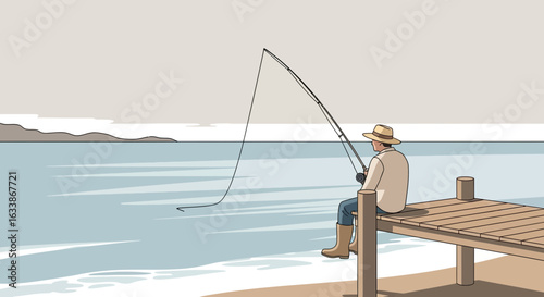Angler Enjoying A Quiet Afternoon Fishing From Wooden Pier By The Lake