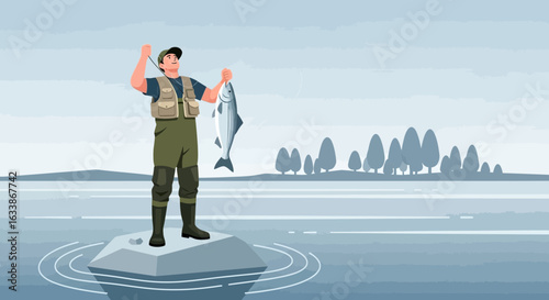 Angler Shows His Catch On a Peaceful Lake Scene With Forest in Background