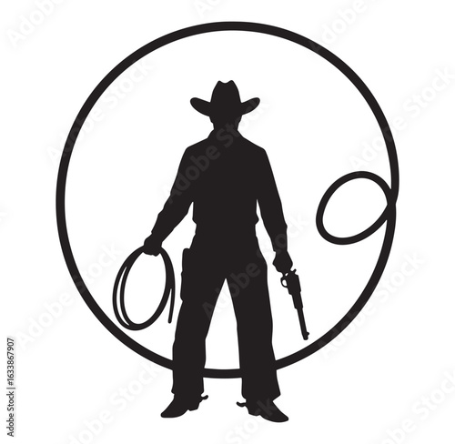 Silhouette of a cowboy with a rope and gun enclosed within a circular frame