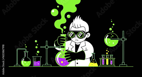 Animated Scientist Conducting Experiment With Colorful Chemical Reaction