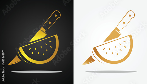 vector image logo of a watermelon cut with a knife in beautiful and beautiful gold color on a black and white background for design purposes