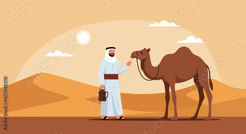 Arabian Journey A Man and His Camel Traverse a Serene Desert Landscape