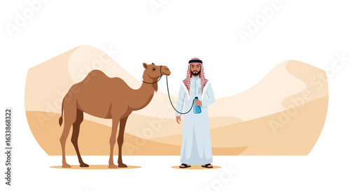 Arabian Man Leads Camel Through Desert Landscape On A Hot Sunny Day