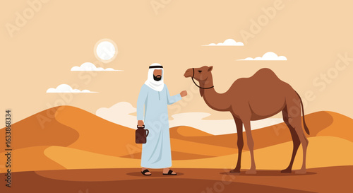 Arabian Man Offering Water To Camel In Desert Landscape During Sunny Day