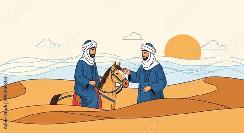 Arabian Men With Horse Riding Through The Sandy Desert Landscape