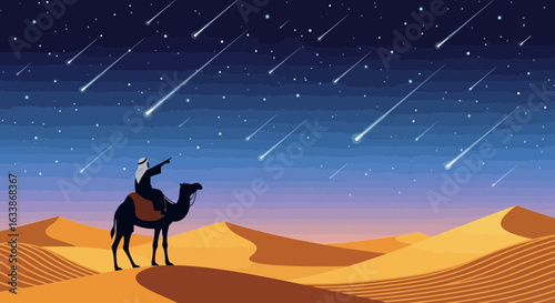Arabian Night Dream A Person With Camel Admiring Meteor Shower In Desert