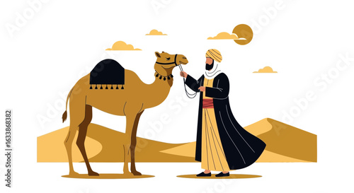 Arabian Nights Scene Featuring a Camel and Bedouin in the Desert Landscape