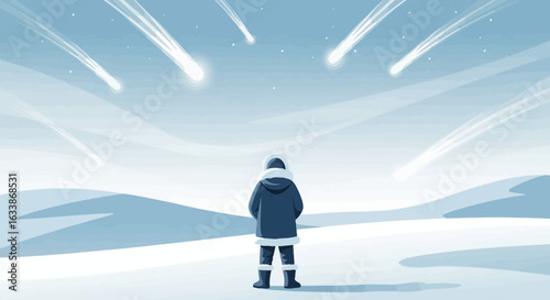 Arctic Gazer Views Meteor Showers Over Frozen Landscapes Under Northern Sky