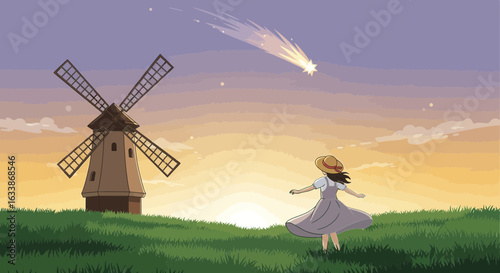 Aromatic Evening Landscape With Girl Enjoying A Falling Star Near Windmill