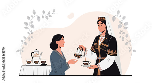 Aromatic Tea Ritual Sharing Tradition Culture in Caucasus Illustration