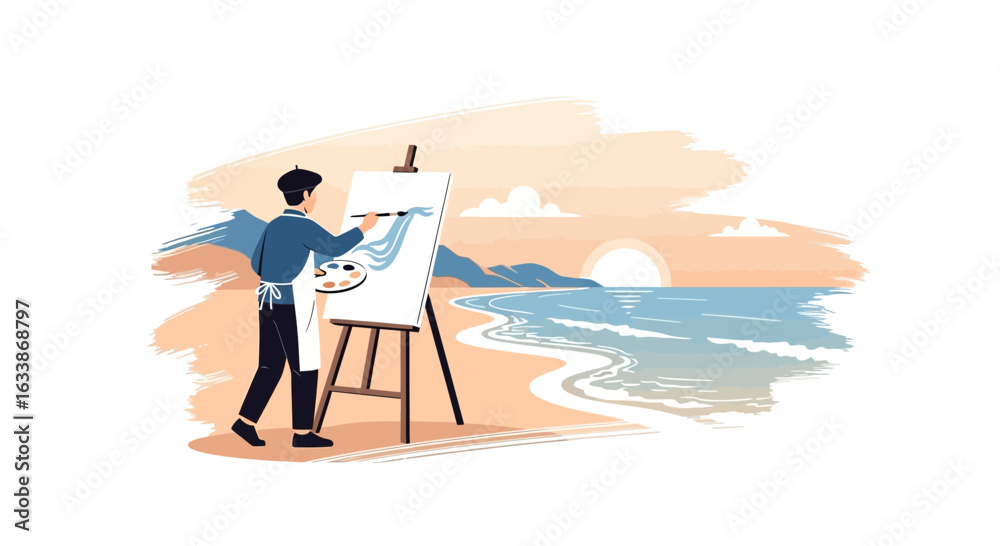 Fototapeta premium Artist Painting A Seascape On The Beach During Sunset Moment Of Inspiration