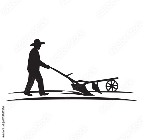 Silhouette of farmer plowing field with horse drawn plow agricultural illustration symbol