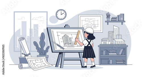 Aspiring Architect Design Building Blueprints With Drafting Table In The Office
