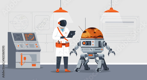 Astronaut And Robot Analyzing Data In Research Laboratory Space Exploration