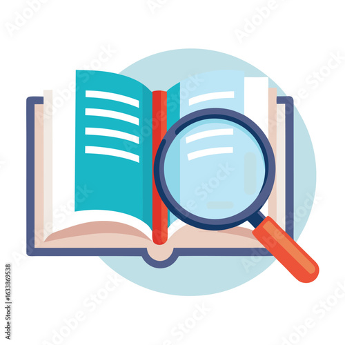 A magnifying glass hovering over a textbook page, symbolizing research, detailed study, and learning.
