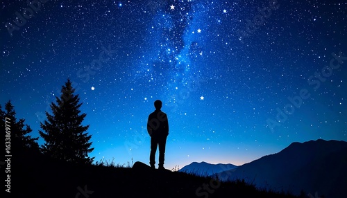 Silhouette of person gazing at a night sky filled with stars and the Milky Way