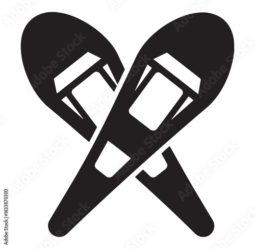 Simple black and white vector illustration of crossed snowshoes for winter sports