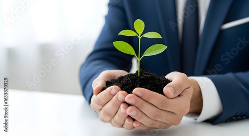 Corporate Professional Holding Fresh Green Plant in Office Setting, Representing Sustainability and Development


