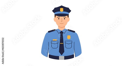 Male police officer in a blue uniform and cap. Flat vector illustration of a policeman avatar or portrait. Law enforcement professional character.