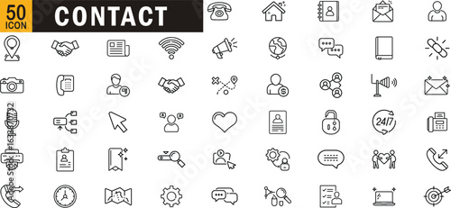 Contact editable outline icon set. Communication, support, connection, message, profile, address and more.
