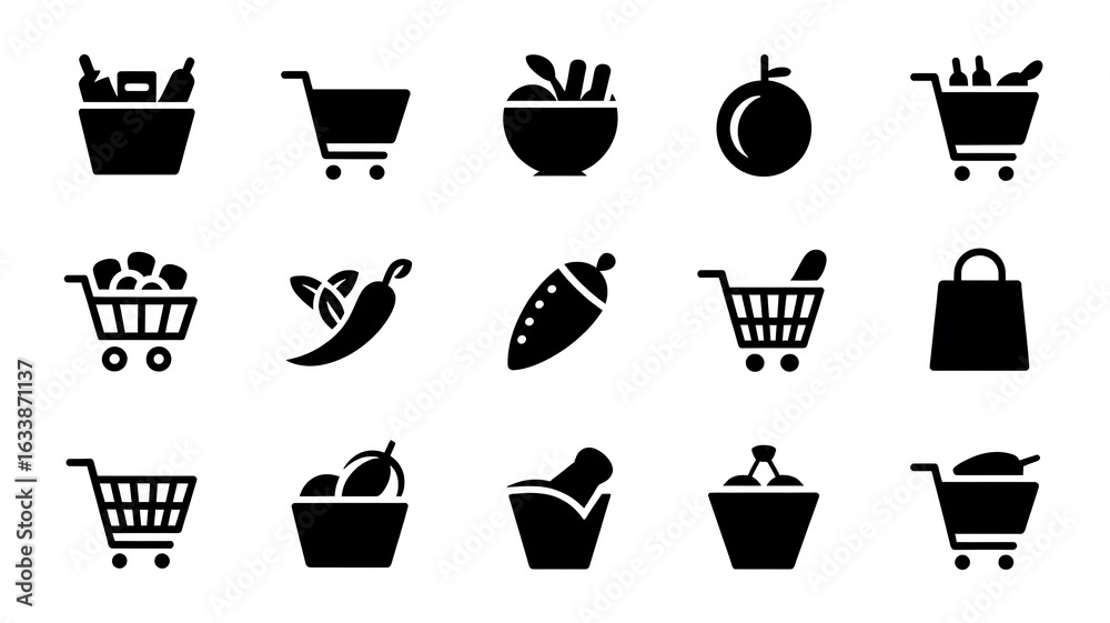 Shopping cart icons with various food items.
Shopping cart icons with various food items.