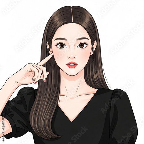 Vector art of beautiful cartoon brunette woman touching her cheek isolated on white background